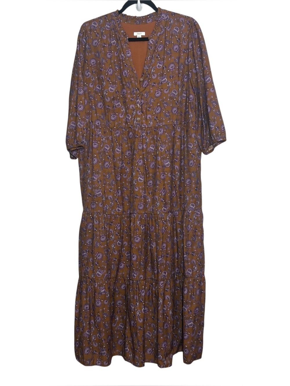 J Jill Maxi Dress Womens LP Large Petite Brown Floral Tiered Puff Sleeve